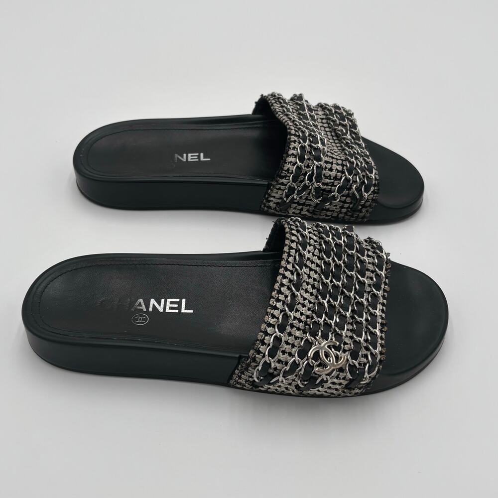 Chanel CC Chain Slide Sandals Flat Canvas Slip On Shoes Black Tweed Size 38 - Picture 9 of 14